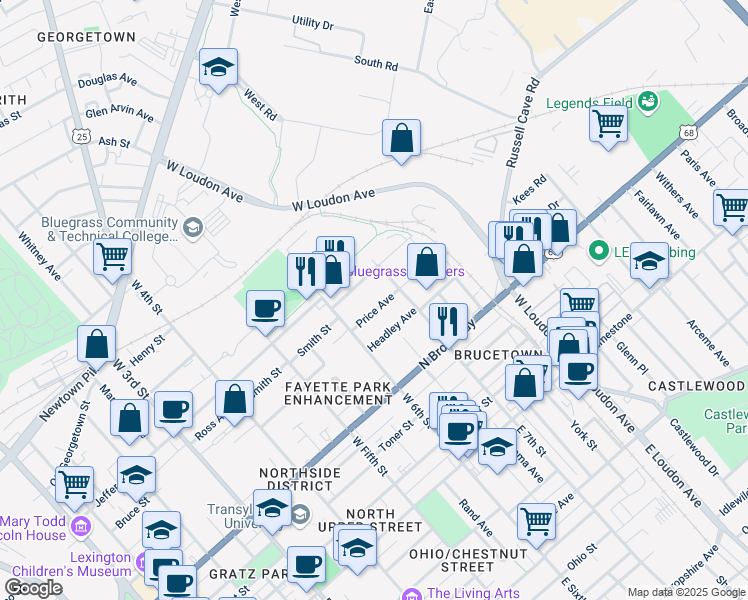 map of restaurants, bars, coffee shops, grocery stores, and more near 617 Price Avenue in Lexington