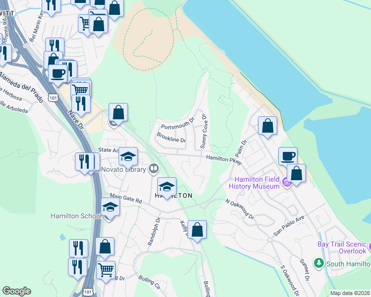 map of restaurants, bars, coffee shops, grocery stores, and more near Newport Landing Dr & Chesapeake Ln in Novato