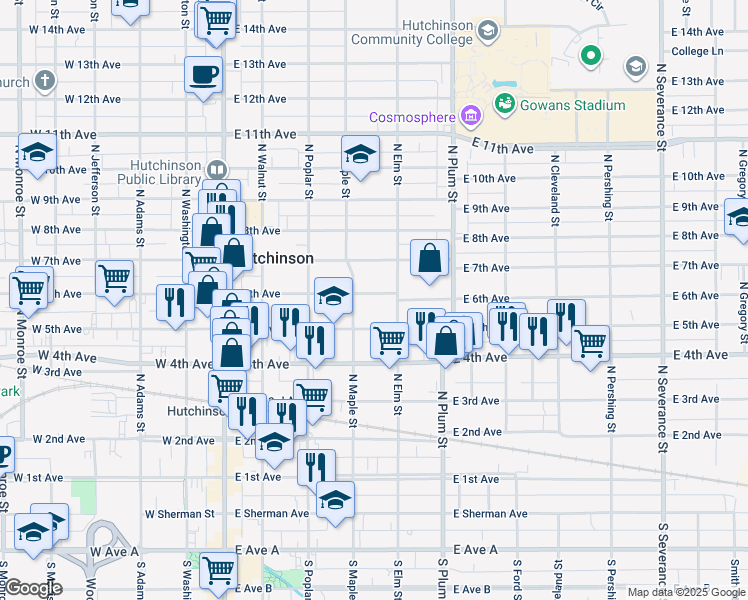 map of restaurants, bars, coffee shops, grocery stores, and more near 315 East 6th Avenue in Hutchinson