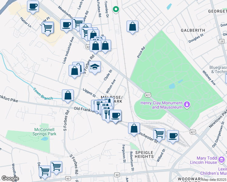 map of restaurants, bars, coffee shops, grocery stores, and more near 123 Thompson Road in Lexington