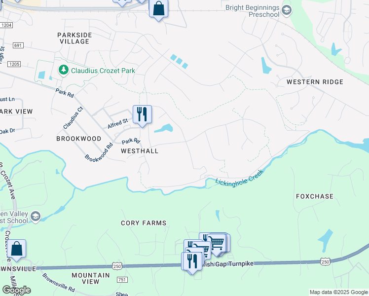 map of restaurants, bars, coffee shops, grocery stores, and more near 626 Jonna Street in Crozet