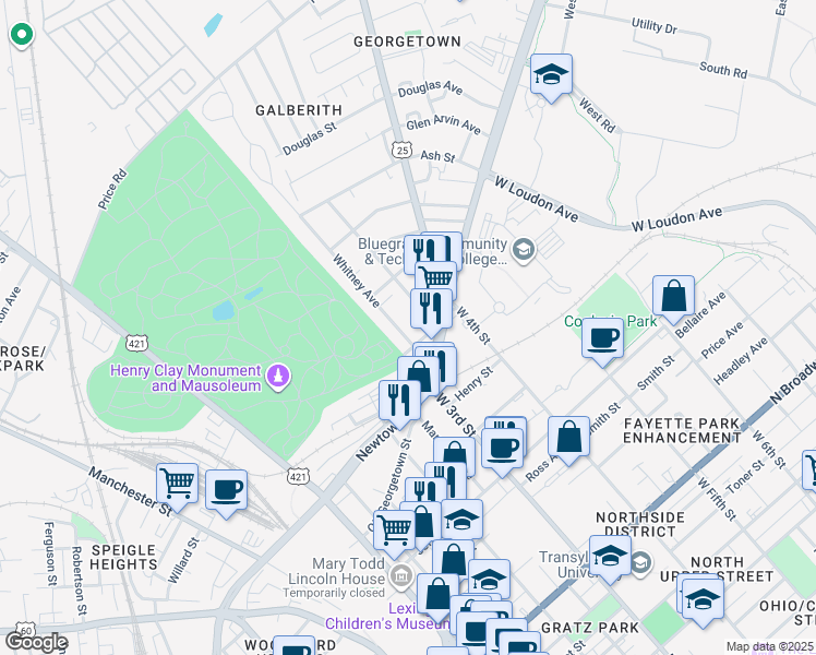 map of restaurants, bars, coffee shops, grocery stores, and more near 715 Whitney Avenue in Lexington