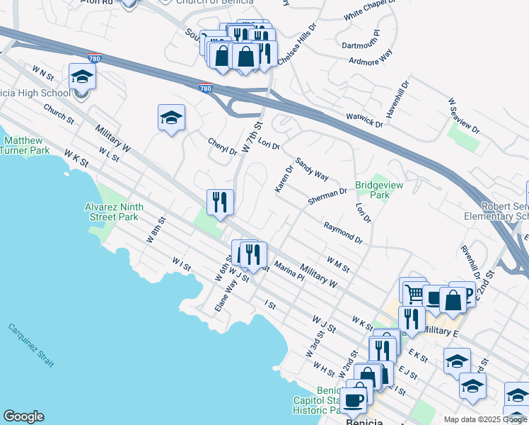 map of restaurants, bars, coffee shops, grocery stores, and more near 47 Alta Loma in Benicia