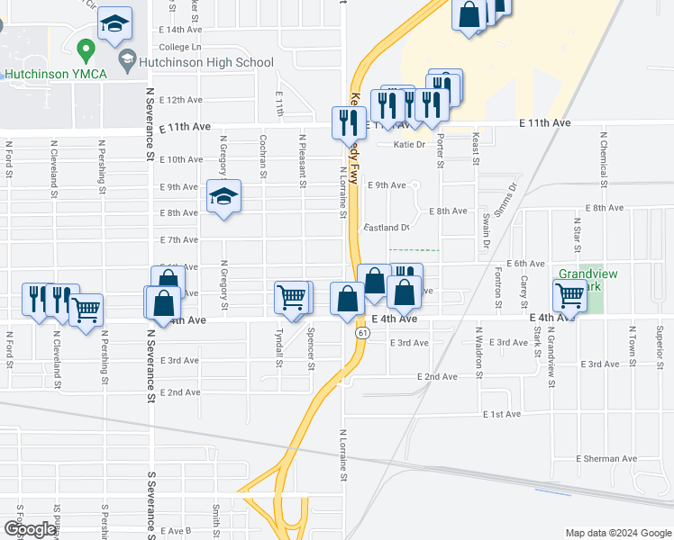 map of restaurants, bars, coffee shops, grocery stores, and more near 1325 East 6th Avenue in Hutchinson