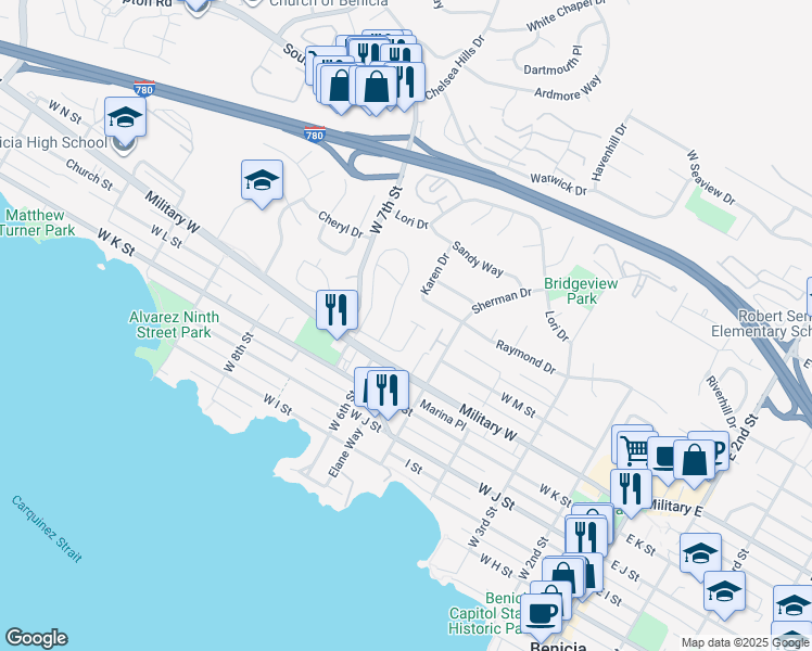 map of restaurants, bars, coffee shops, grocery stores, and more near 47 Alta Loma in Benicia