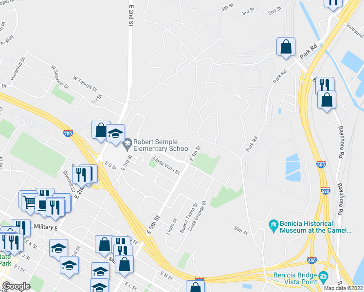 map of restaurants, bars, coffee shops, grocery stores, and more near 22 Del Centro in Benicia