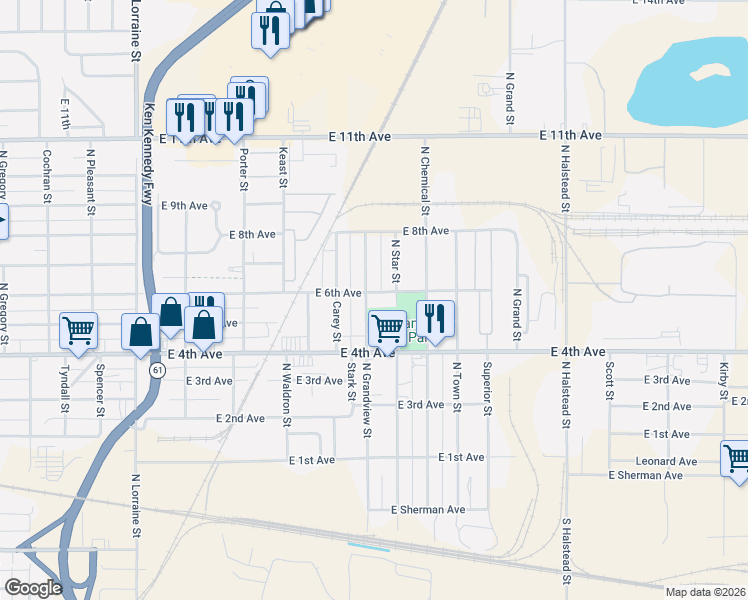 map of restaurants, bars, coffee shops, grocery stores, and more near 523 North Star Street in Hutchinson