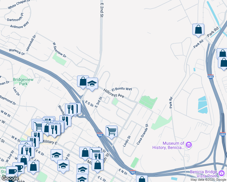 map of restaurants, bars, coffee shops, grocery stores, and more near 8 El Bonito Way in Benicia