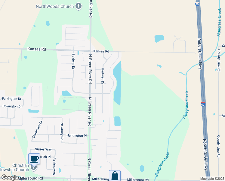 map of restaurants, bars, coffee shops, grocery stores, and more near 9021 Wynnfield Drive in Evansville