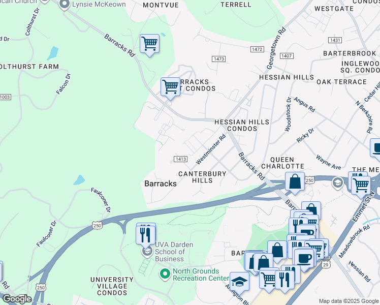 map of restaurants, bars, coffee shops, grocery stores, and more near 2759 Townsend Court in Charlottesville