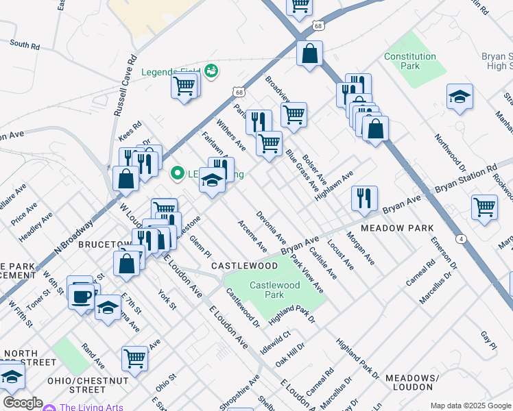 map of restaurants, bars, coffee shops, grocery stores, and more near 153 Devonia Avenue in Lexington