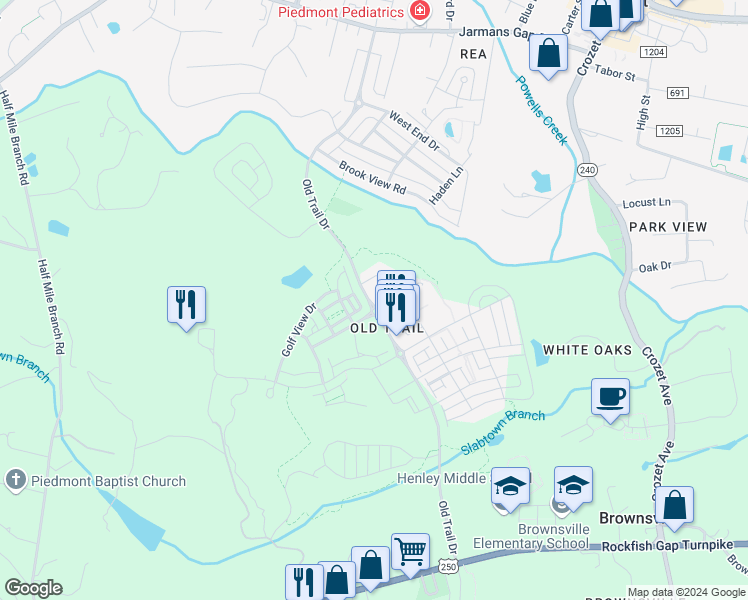 map of restaurants, bars, coffee shops, grocery stores, and more near 1224 Old Trail Drive in Crozet