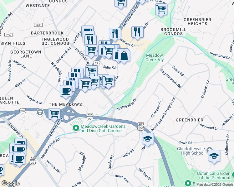 map of restaurants, bars, coffee shops, grocery stores, and more near 2000 Michie Drive in Charlottesville