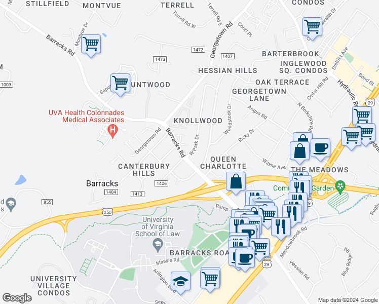 map of restaurants, bars, coffee shops, grocery stores, and more near 110 West Park Drive in Charlottesville