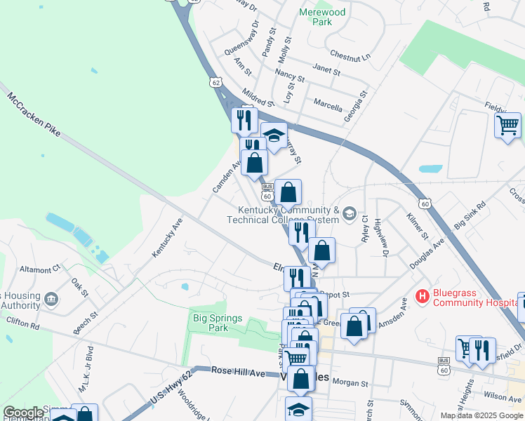 map of restaurants, bars, coffee shops, grocery stores, and more near 107 Walnut Street in Versailles