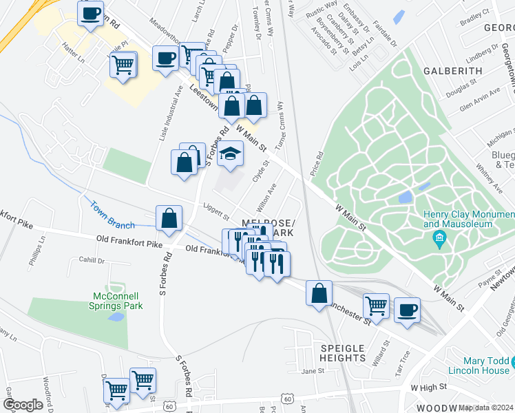 map of restaurants, bars, coffee shops, grocery stores, and more near 129 Wilton Avenue in Lexington