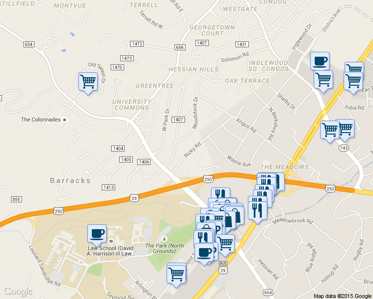map of restaurants, bars, coffee shops, grocery stores, and more near 108 North Bennington Road in Charlottesville