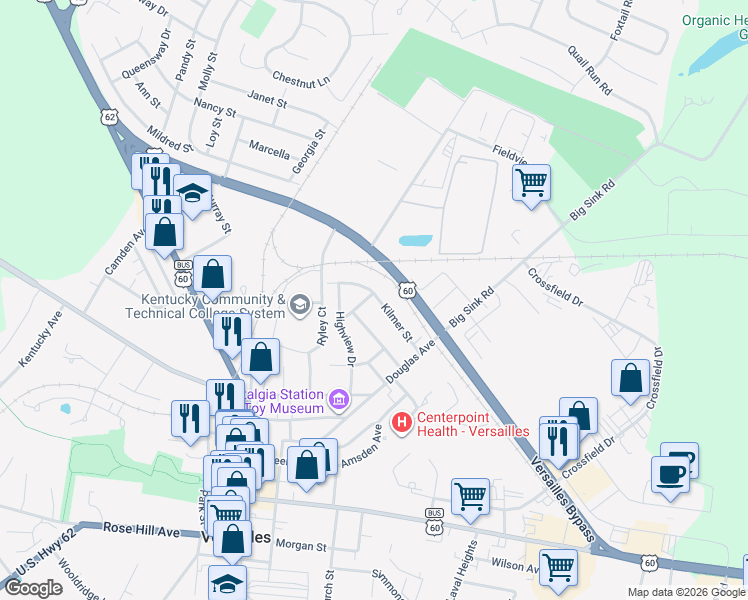 map of restaurants, bars, coffee shops, grocery stores, and more near 216 Boston Drive in Versailles