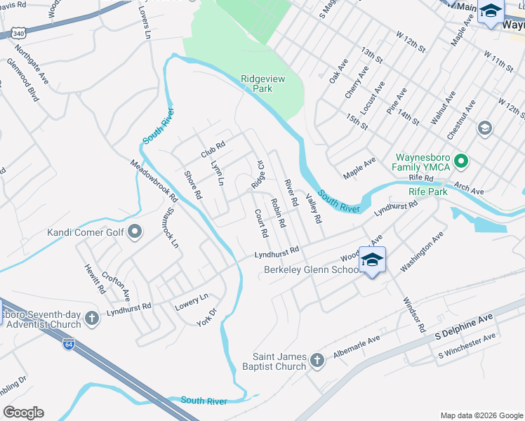 map of restaurants, bars, coffee shops, grocery stores, and more near 207 Court Road in Waynesboro