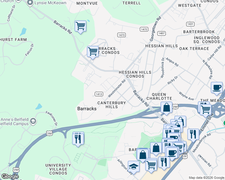 map of restaurants, bars, coffee shops, grocery stores, and more near 201 Westminster Road in Charlottesville