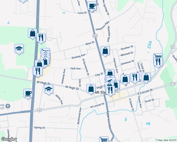 map of restaurants, bars, coffee shops, grocery stores, and more near 215 North Sycamore Street in Mount Sterling