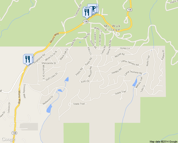 map of restaurants, bars, coffee shops, grocery stores, and more near 24138 Wuuya Way in Mi-Wuk Village