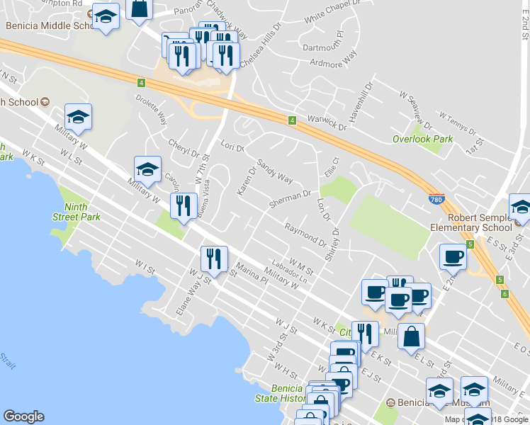 map of restaurants, bars, coffee shops, grocery stores, and more near Raymond Dr & W 5th St in Benicia