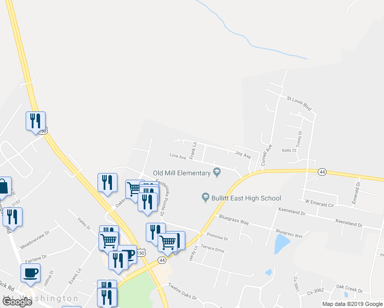 map of restaurants, bars, coffee shops, grocery stores, and more near 122 Frank Lane in Mount Washington