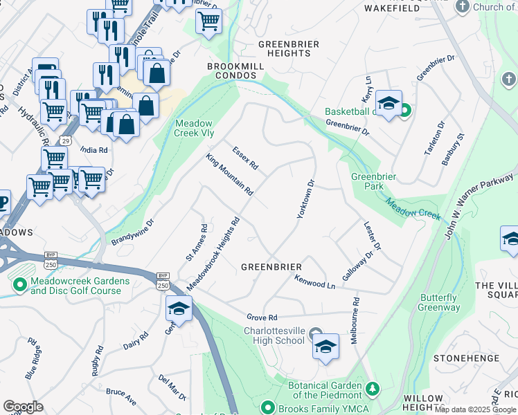 map of restaurants, bars, coffee shops, grocery stores, and more near 1618 King Mountain Road in Charlottesville