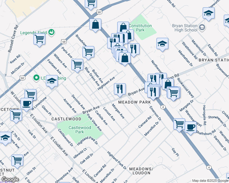 map of restaurants, bars, coffee shops, grocery stores, and more near 1410 1/2 Edgelawn Avenue in Lexington