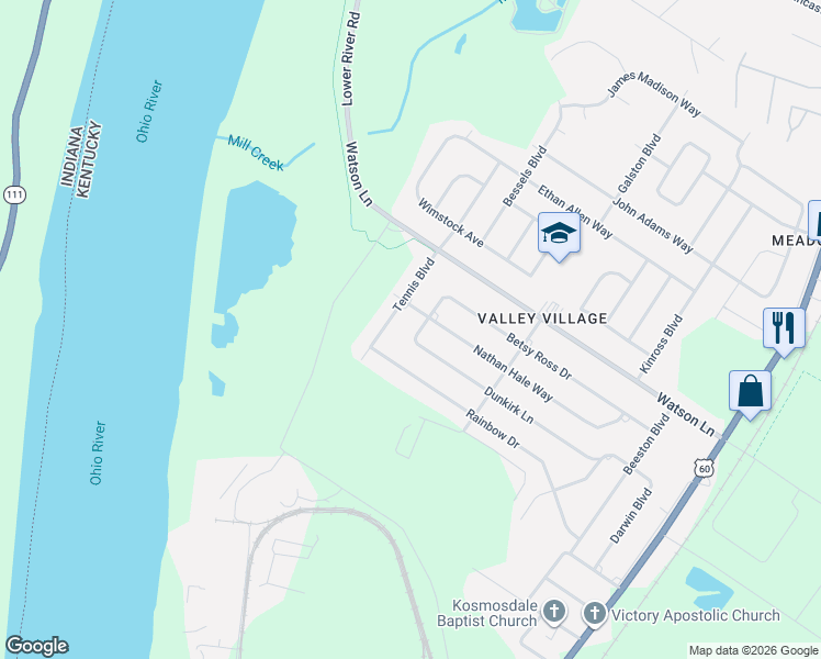 map of restaurants, bars, coffee shops, grocery stores, and more near 13607 Tennis Boulevard in Louisville