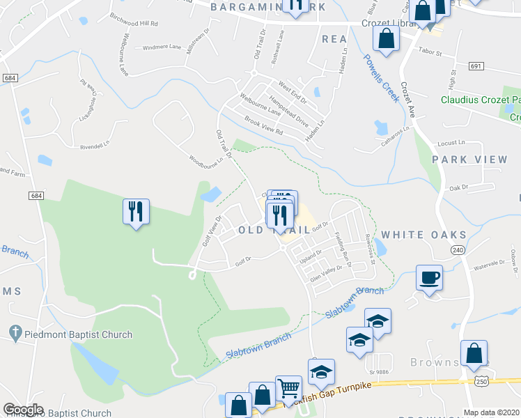 map of restaurants, bars, coffee shops, grocery stores, and more near 1070 Old Trail Drive in Crozet