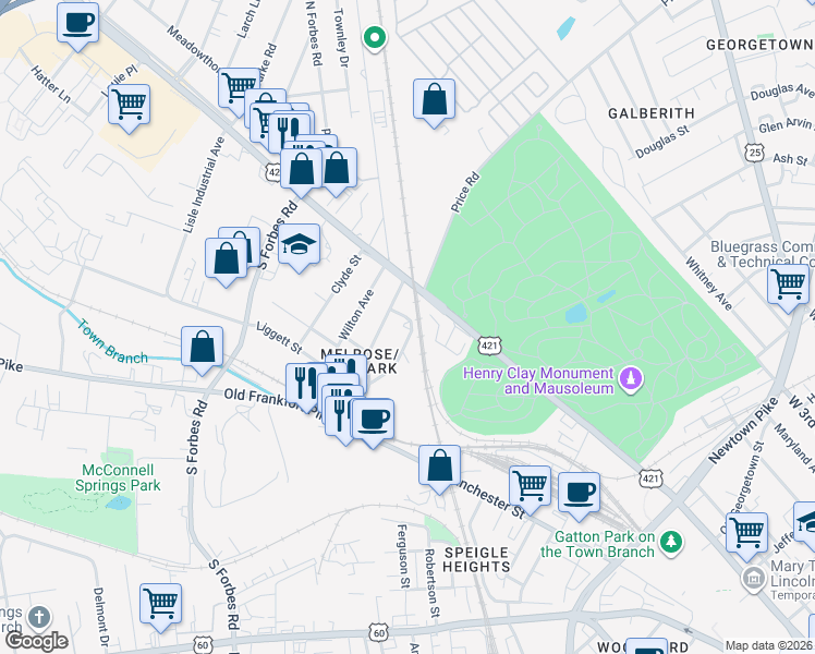 map of restaurants, bars, coffee shops, grocery stores, and more near 119 Henton Road in Lexington