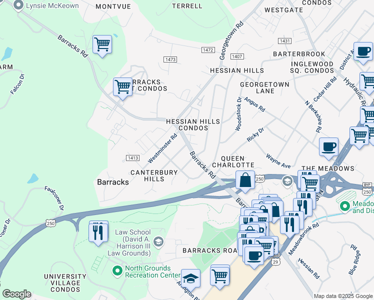 map of restaurants, bars, coffee shops, grocery stores, and more near 100 Chaucer Road in Charlottesville