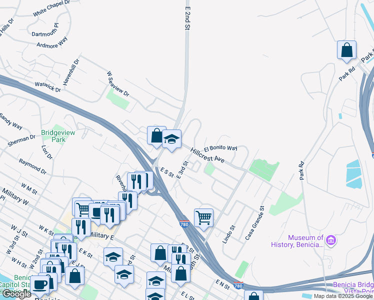 map of restaurants, bars, coffee shops, grocery stores, and more near 40 Hillcrest Avenue in Benicia