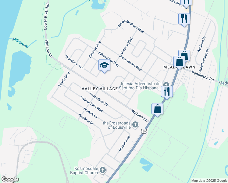 map of restaurants, bars, coffee shops, grocery stores, and more near 7006 Welford Avenue in Louisville