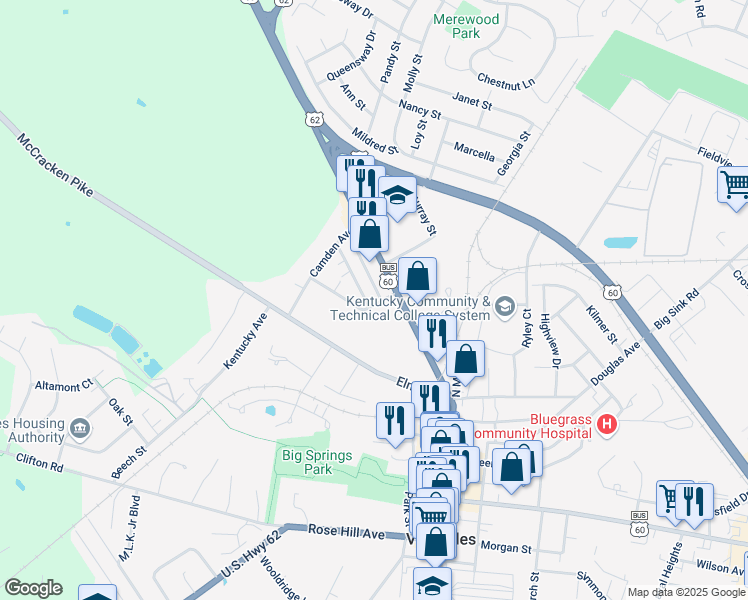 map of restaurants, bars, coffee shops, grocery stores, and more near 107 Walnut Street in Versailles