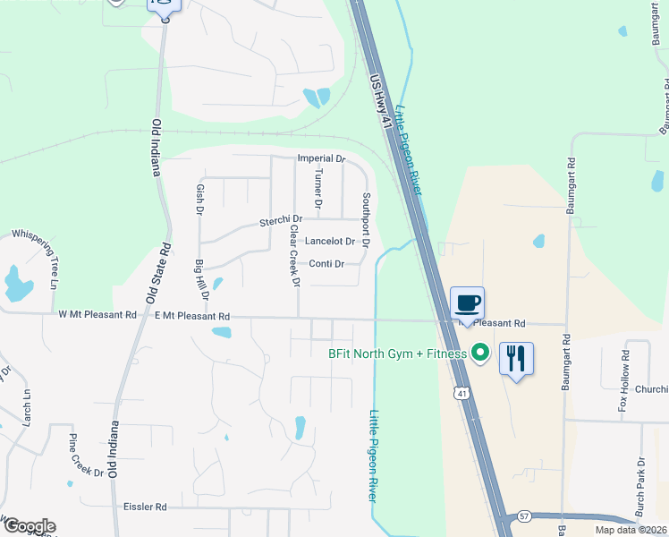 map of restaurants, bars, coffee shops, grocery stores, and more near 705 Conti Drive in Evansville