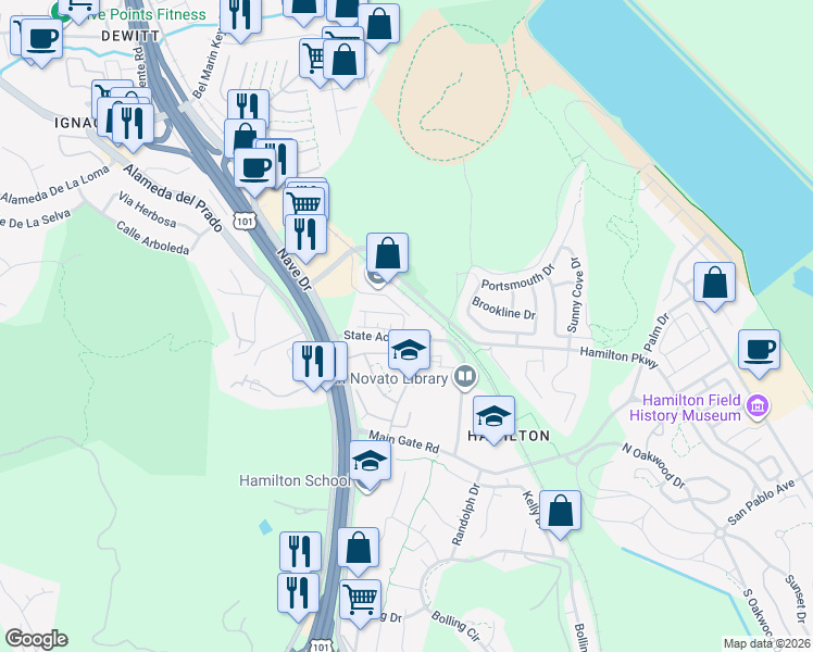 map of restaurants, bars, coffee shops, grocery stores, and more near 801 State Access Road in Novato