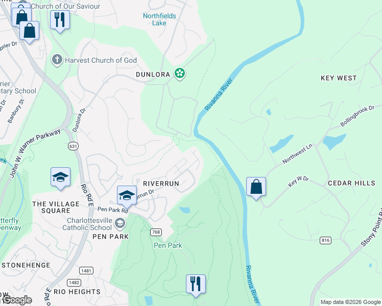 map of restaurants, bars, coffee shops, grocery stores, and more near 1417 Glenside Green Court in Charlottesville