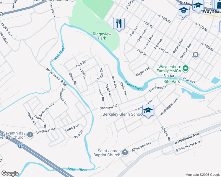 map of restaurants, bars, coffee shops, grocery stores, and more near 201 Robin Road in Waynesboro