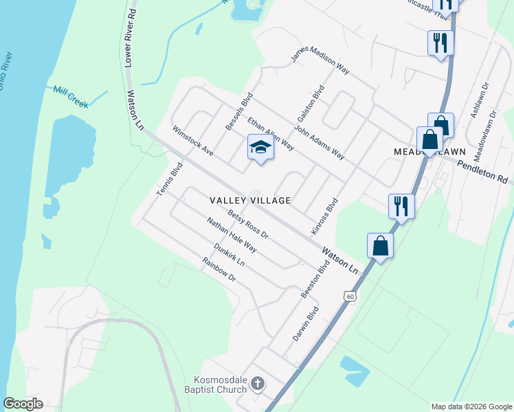 map of restaurants, bars, coffee shops, grocery stores, and more near 7112 Watson Lane in Louisville