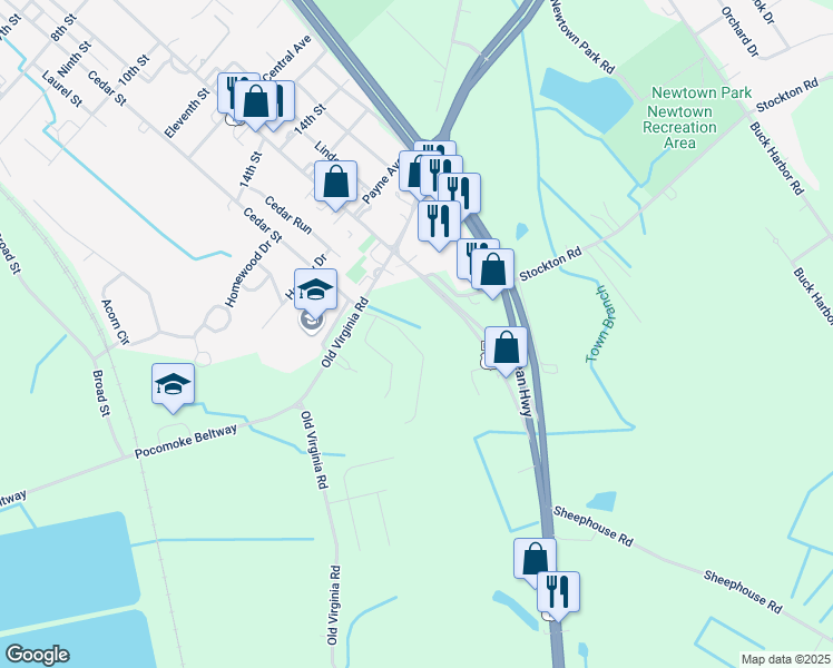 map of restaurants, bars, coffee shops, grocery stores, and more near 1717 Cedar Street in Pocomoke City