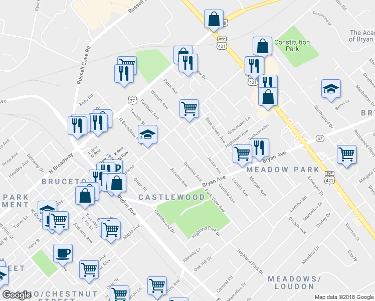 map of restaurants, bars, coffee shops, grocery stores, and more near 158 Carlisle Avenue in Lexington