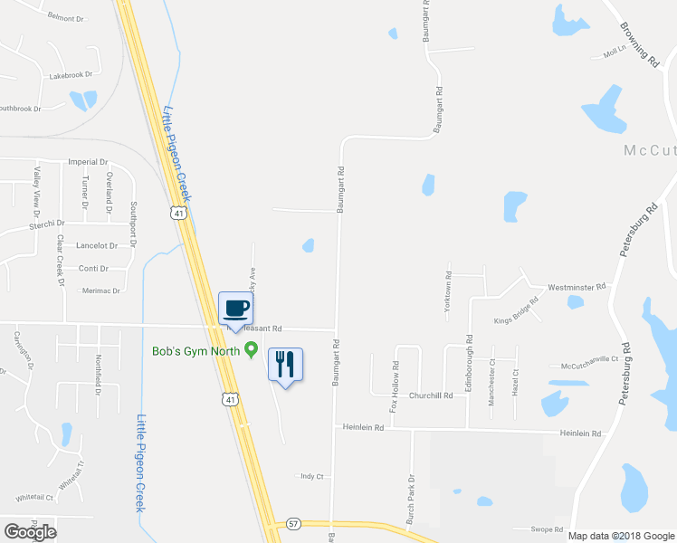 map of restaurants, bars, coffee shops, grocery stores, and more near 8938 Baumgart Road in Evansville