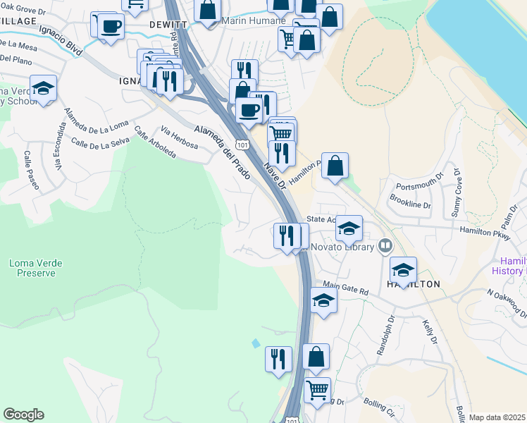 map of restaurants, bars, coffee shops, grocery stores, and more near 199 Posada Del Sol in Novato