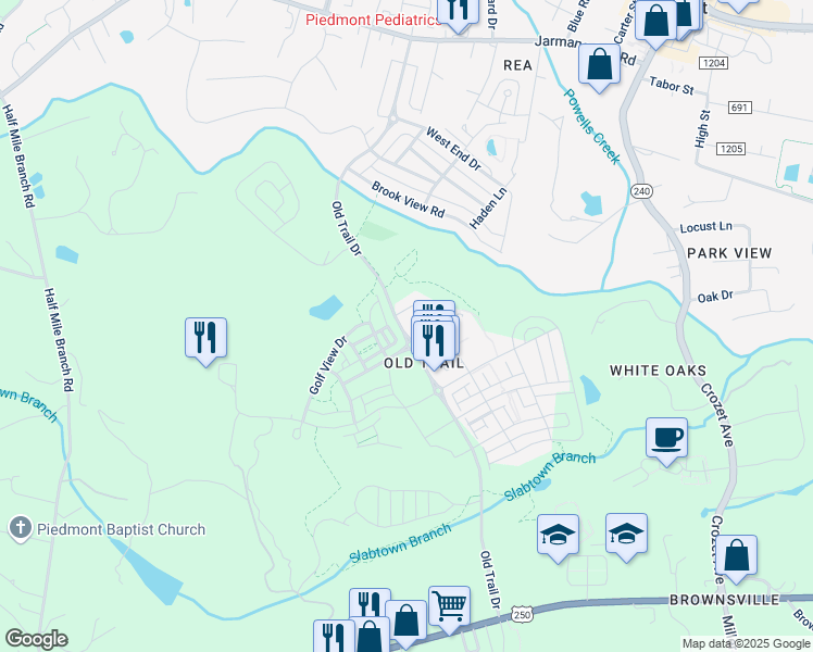 map of restaurants, bars, coffee shops, grocery stores, and more near 1234 Old Trail Drive in Crozet