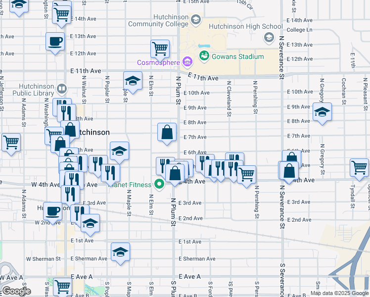 map of restaurants, bars, coffee shops, grocery stores, and more near 510 East 6th Avenue in Hutchinson