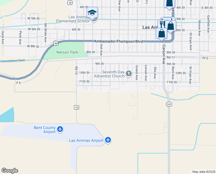 map of restaurants, bars, coffee shops, grocery stores, and more near 1131 Grove Avenue in Las Animas
