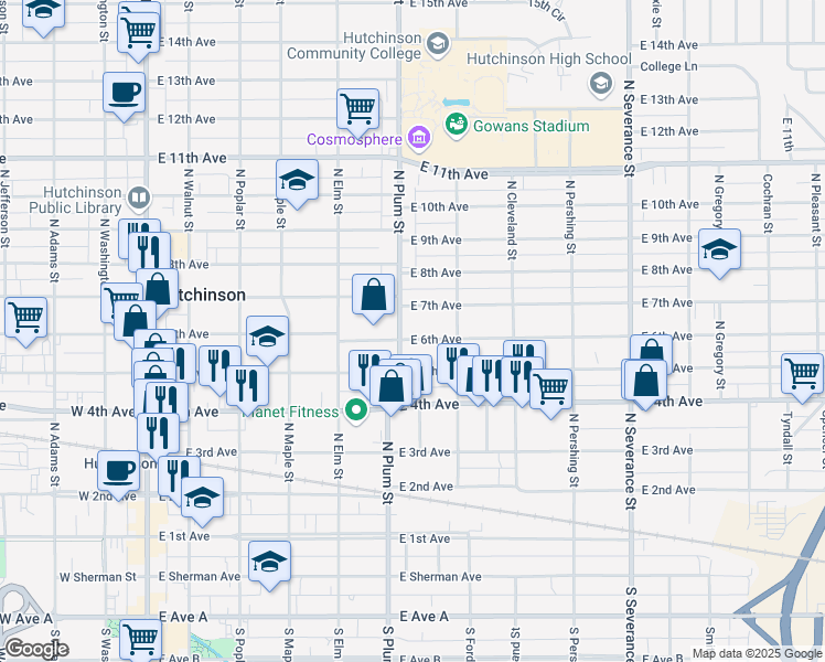 map of restaurants, bars, coffee shops, grocery stores, and more near 510 East 6th Avenue in Hutchinson